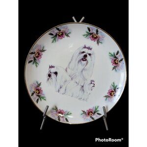 Maltese Dog Decorative Plate With Pink Floral Design & Gold Trim 8" Home Decor‎